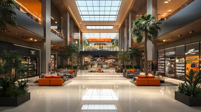 A spacious lobby featuring various company boutiques and a large hypermarket