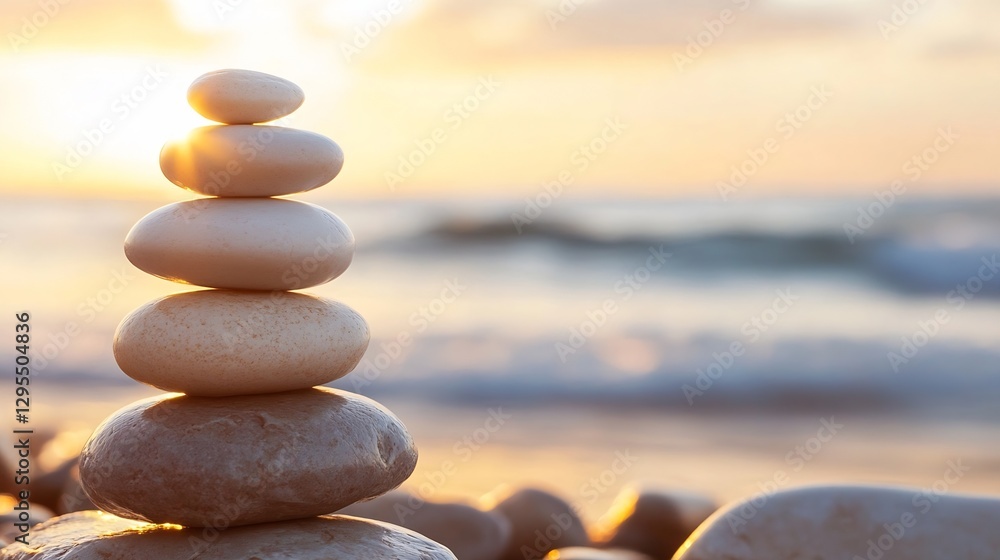 Poster stacked smooth stones by the beach at sunset symbolizing balance and tranquility in nature : generat