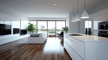 Modern Minimalist Kitchen and Living Space with City View