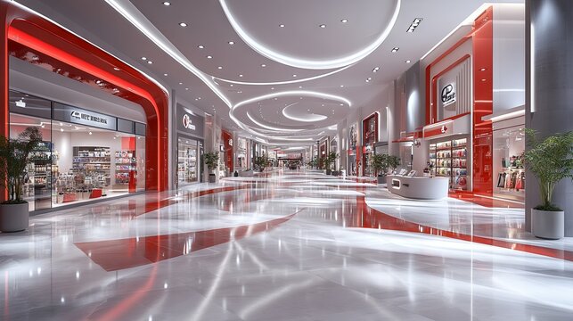 A spacious lobby featuring various company boutiques and a large hypermarket