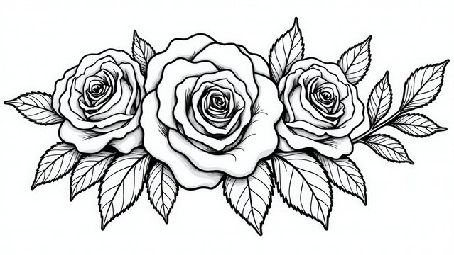 Beautiful roses coloring pages featuring three detailed rose flowers with leaves, perfect for coloring enthusiasts.