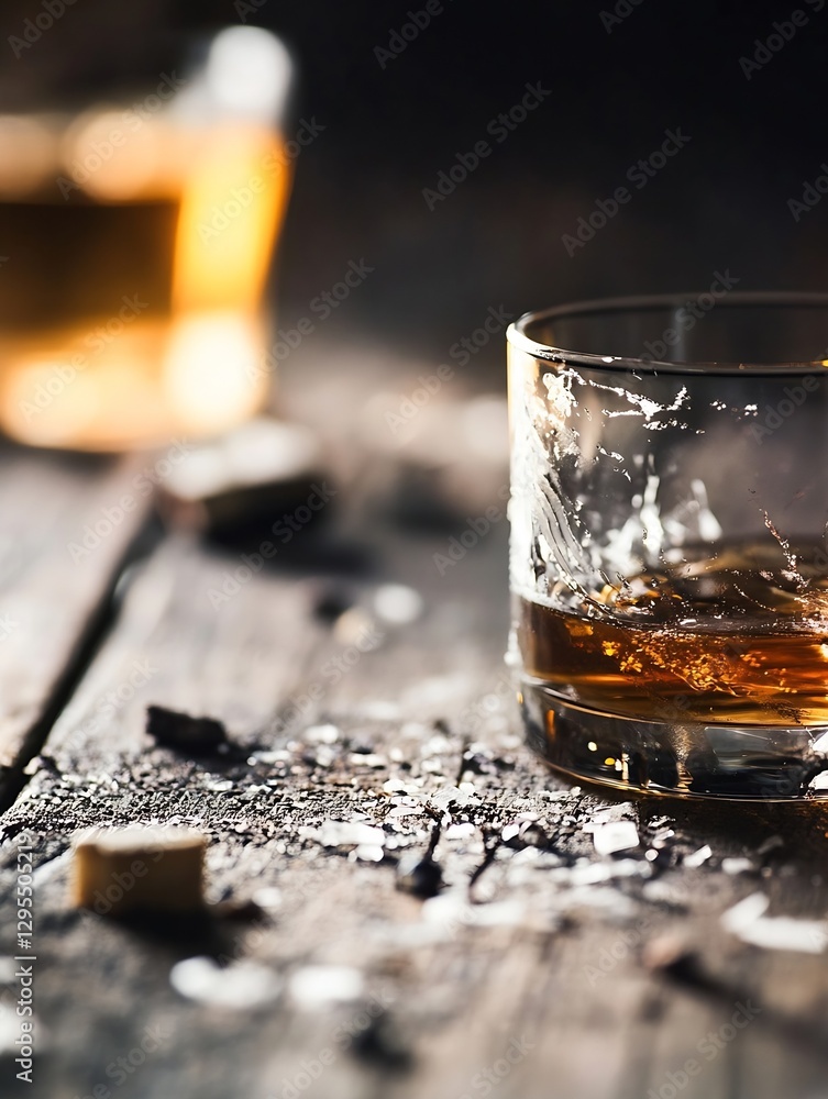 Aufkleber Closeup of a whiskey glass with ice on a rustic wooden table with a blurred background : Generative AI