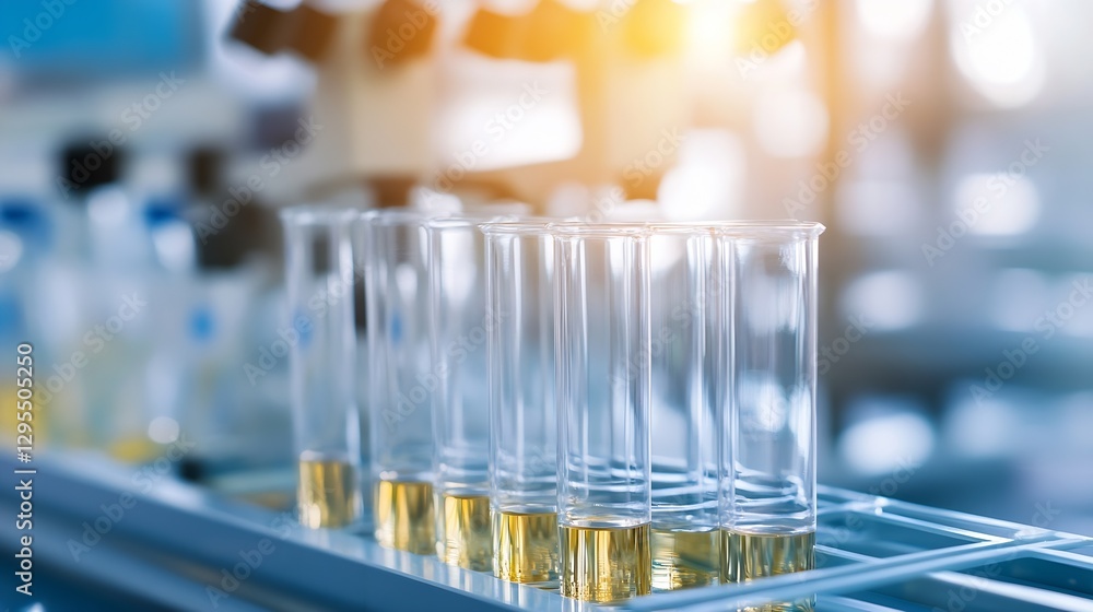 Aufkleber Glass laboratory test tubes arranged neatly on a rack filled with yellow liquid under bright light : Generative AI