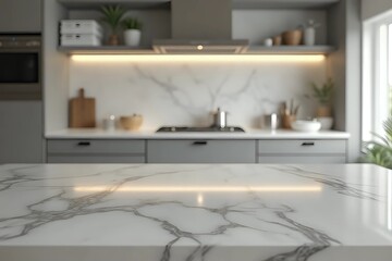 Close up photo of contemporary kitchen island with marble table top with kitchen blurry loose focal background with copy space