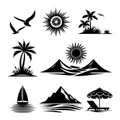 Obraz premium Various black silhouette illustrations of tropical elements representing summer leisure activities