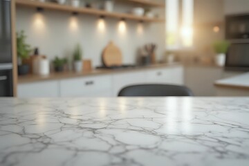 Close up photo of contemporary kitchen island with marble table top with kitchen blurry loose focal background with copy space
