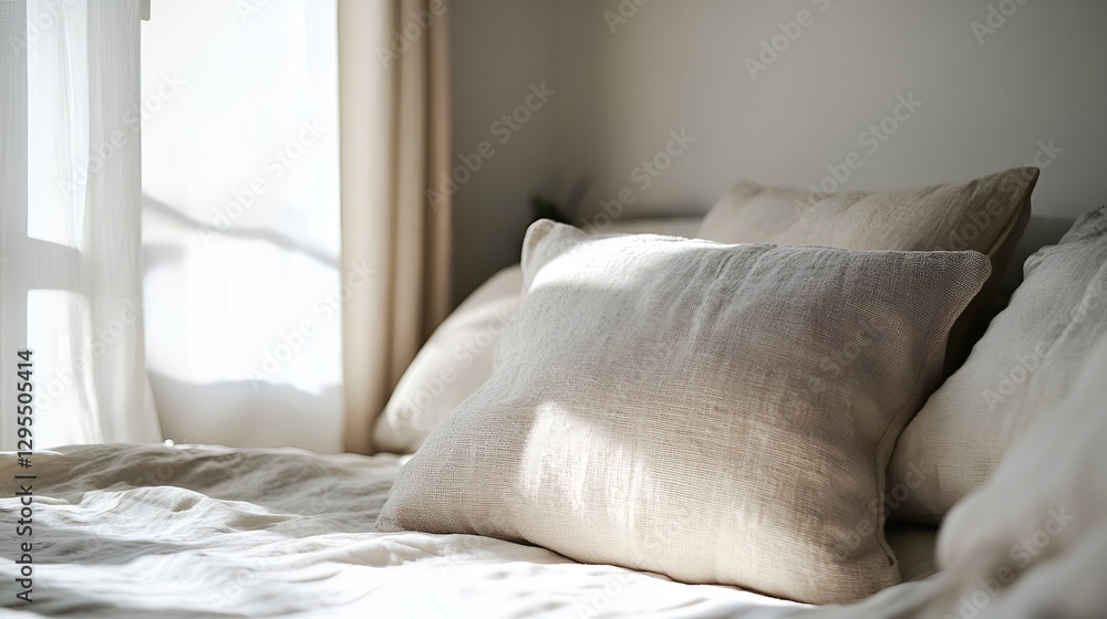 Poster soft linen pillows bathed in natural light by window : generative ai