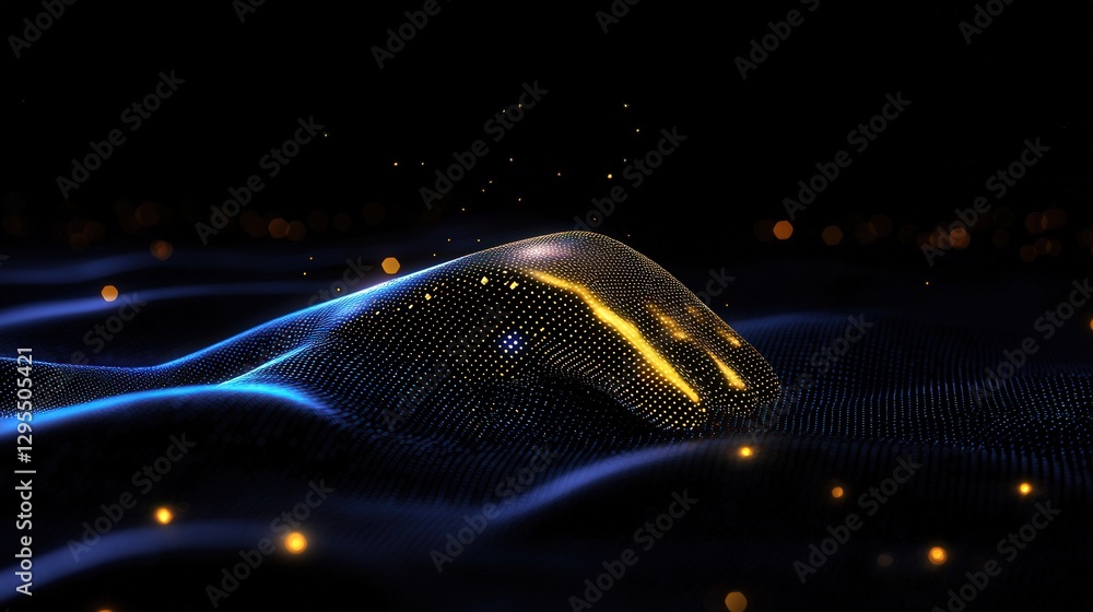 Poster glowing digital hand resting on a futuristic landscape with light particle bokeh