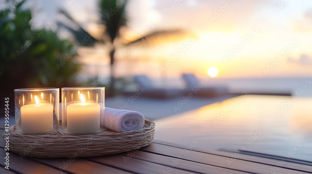 Aufkleber relaxing candles on table with sunset and warm atmosphere : generative ai