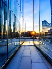 Fototapeta premium Stunning Sunset Reflection Through Glass Facade Showcasing Modern Urban Architecture : Generative AI