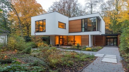 A modern house with a minimalist garden path design.