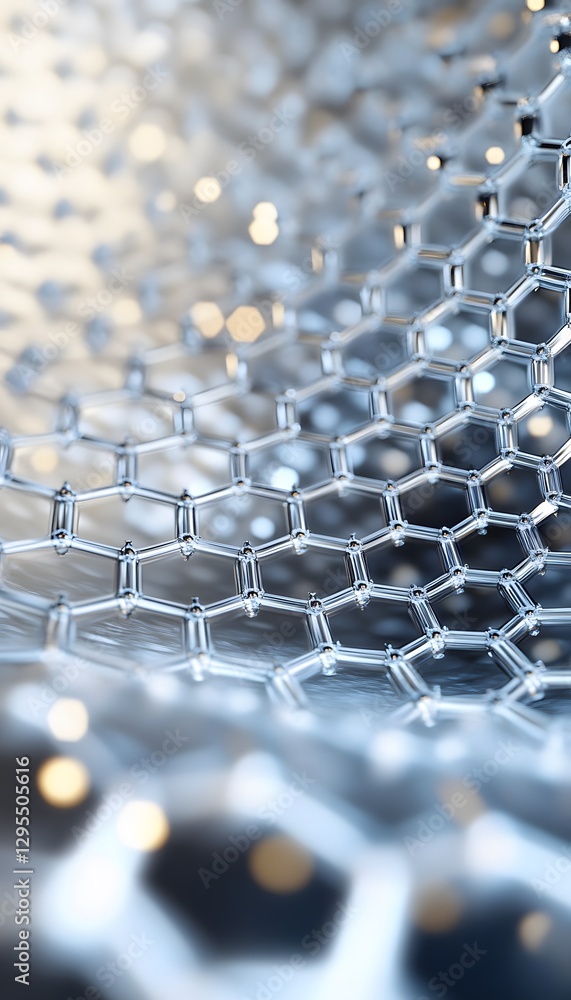 Poster metallic hexagon grid structure shining with light in a blue haze