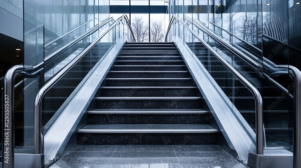Poster modern interior staircase with glass railing and polished steps conveying elegance in an urban setti
