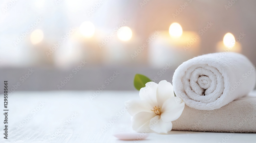 Leinwandbilder soft white towels and flower creating a serene environment for a spa experience : generative ai