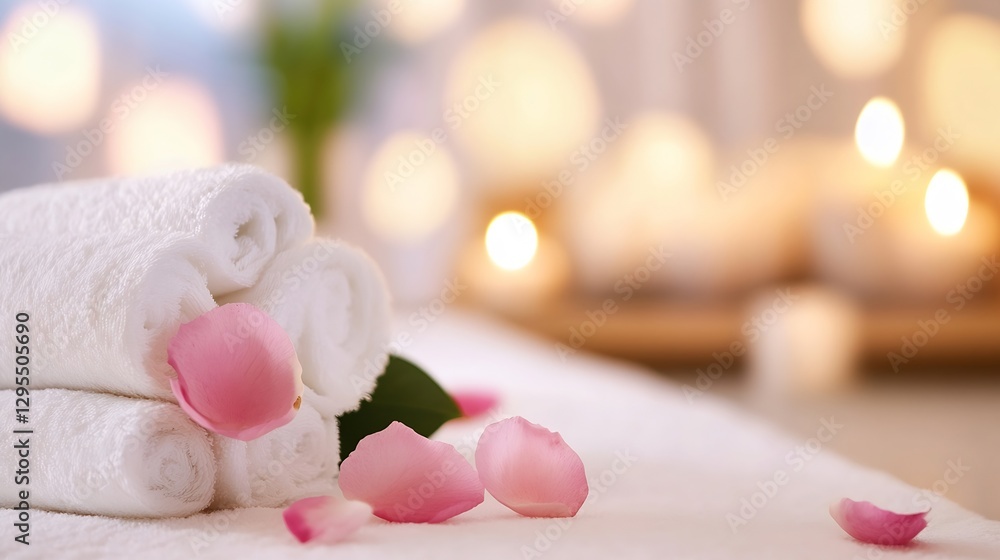 Poster fresh spa towels with delicate rose petals and soft lighting for luxurious pampering experience : ge