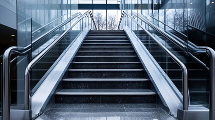 Modern interior staircase with glass railing and polished steps conveying elegance in an urban setting : Generative AI