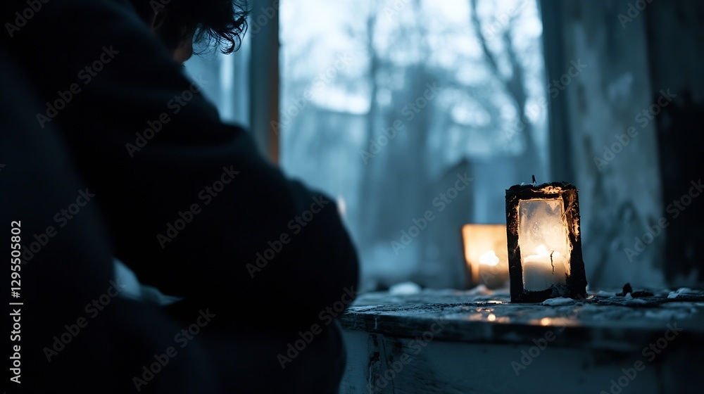 Poster moody atmosphere of candlelit room with person contemplating in dim light : generative ai