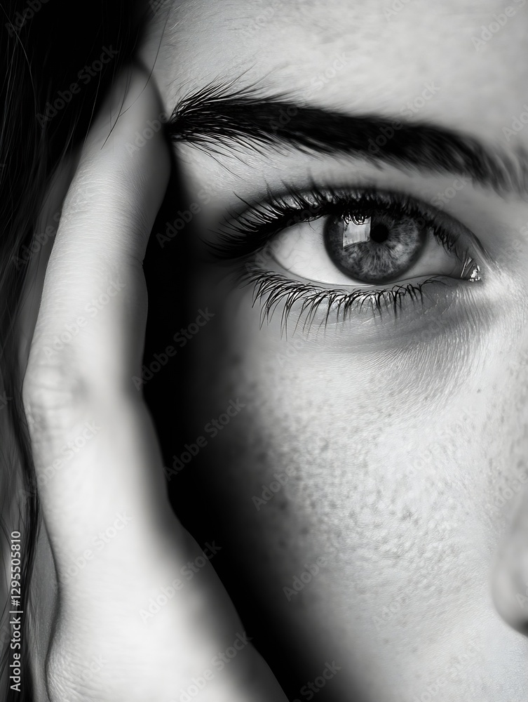 Poster striking closeup of a female eye revealing intricate details and emotion complemented by a gentle ha