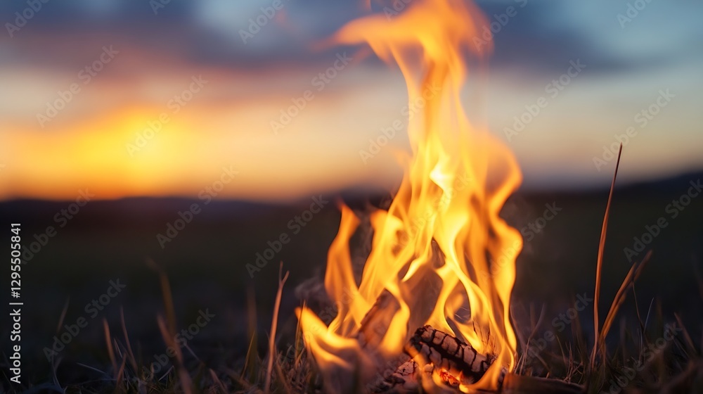 Poster bright flames dancing in an open fire pit against the backdrop of sunset colors : generative ai