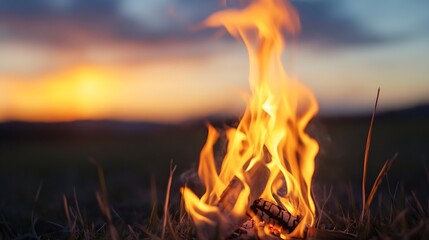 Bright flames dancing in an open fire pit against the backdrop of sunset colors : Generative AI