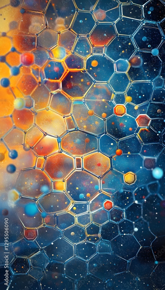 Poster abstract colorful network with hexagonal structure and glowing spheres