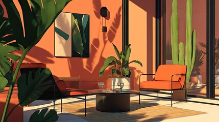 A modern outdoor seating corner with strategically placed plants for privacy.