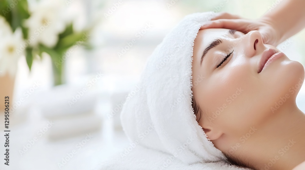 Poster relaxation at a spa female enjoying peaceful moment with towel and calm expression : generative ai