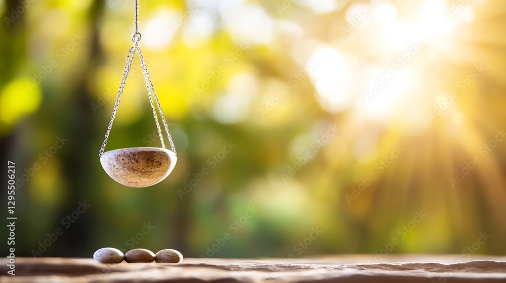 Poster elegant wooden scales balancing smooth stones representing harmony and natural beauty in a serene se