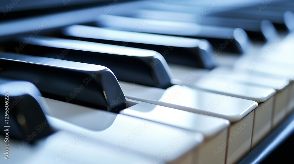 Poster close up of piano keys with soft natural light reflection : generative ai