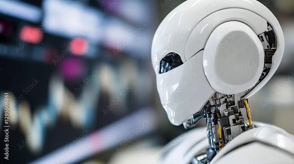 Aufkleber Futuristic robotic head design with sleek features and digital background displaying analytics : Generative AI