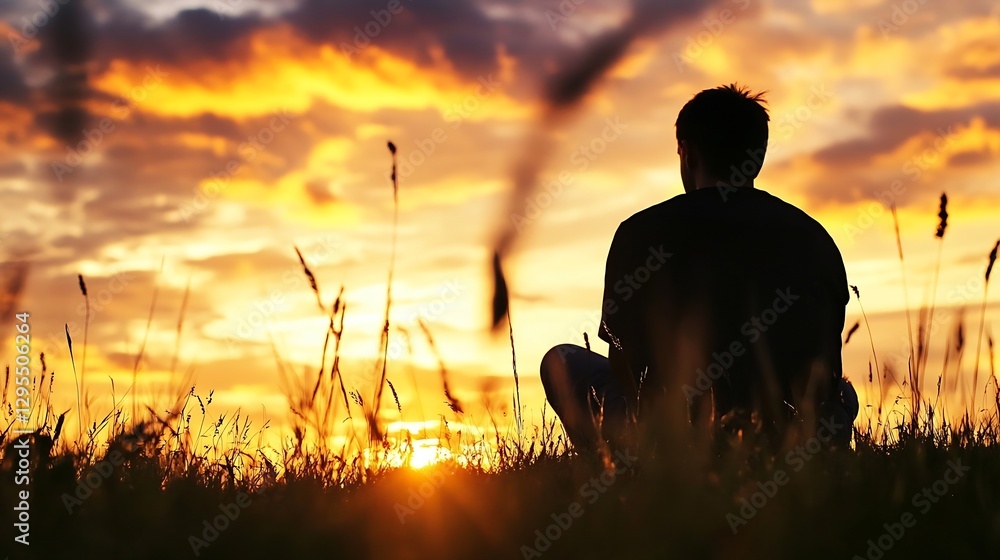 Poster silhouetted man sitting in grass enjoying a vibrant sunset view : generative ai