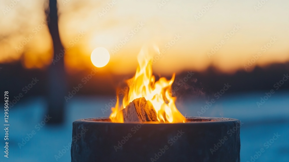 Poster dramatic sunset view of flames dancing from a firepit with a natural landscape in the background : g