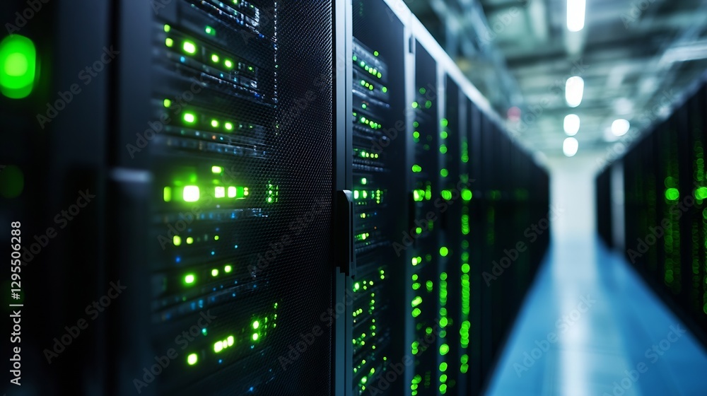 Poster Close Up View of Data Center Server Racks with Green LED Lights in a Modern Facility : Generative AI