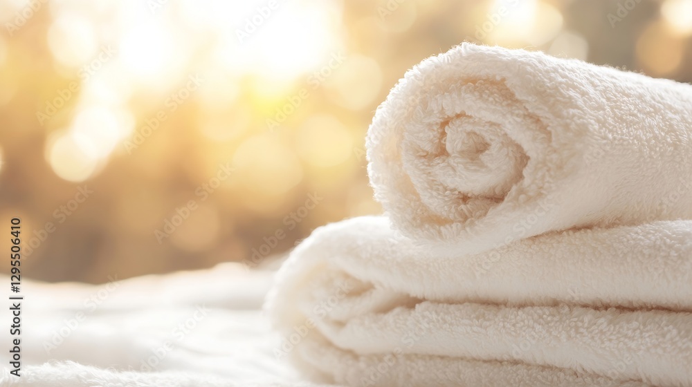 Poster soft white towels rolled neatly with a natural sunlit background creating a spa-like ambiance : gene