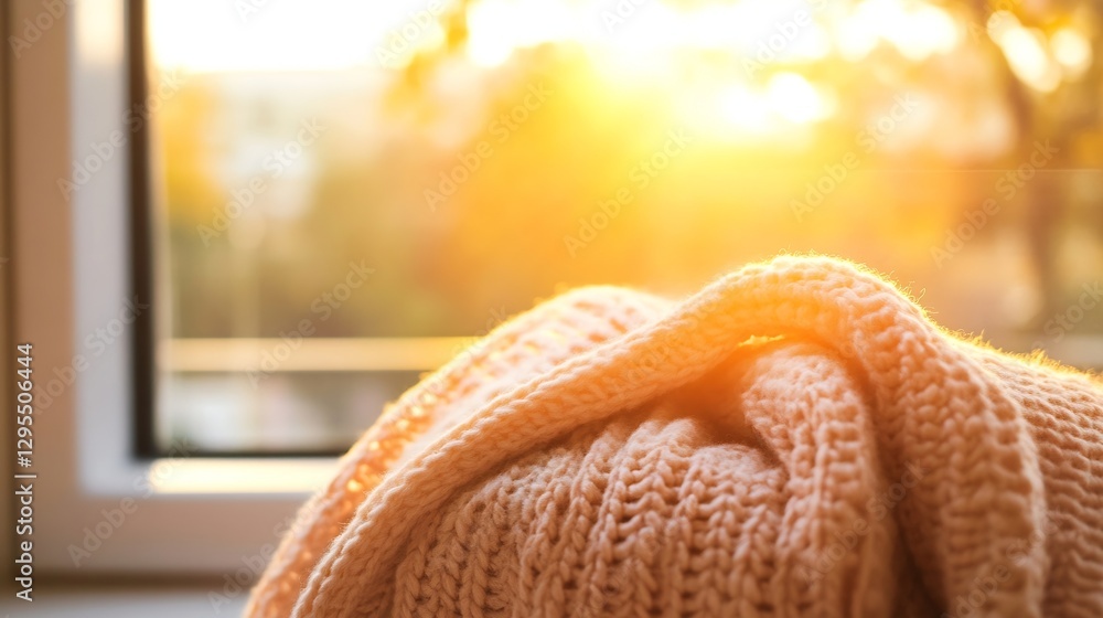 Poster Cozy knitted blanket draped by a window in warm sunlight creating a serene atmosphere : Generative AI