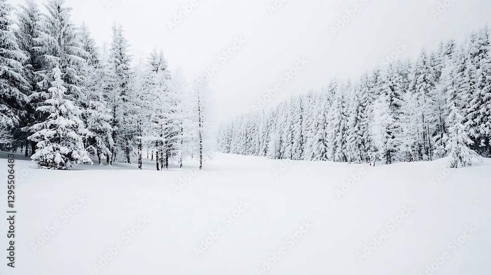 Poster serene winter landscape covered in fresh snow with tall trees in a quiet forest : generative ai