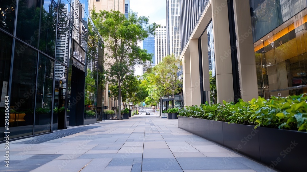 Poster serene urban view showcasing a modern pathway surrounded by elegant buildings and lush greenery : ge