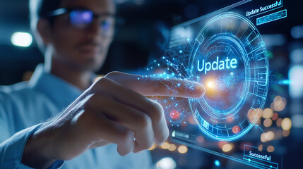 Limitless Potential -A glowing "Update Successful" message on-screen, reflecting hope and advancement in the userâs eyes. Work for the benefit of people and society using copy spa