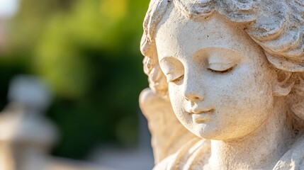 Obraz premium Elegant stone angel statue with serene expression surrounded by vibrant greenery in a peaceful setting : Generative AI
