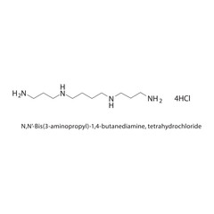 N,N’-Bis(3-aminopropyl)-1,4-butanediamine, tetrahydrochloride skeletal structure.Polyamine compound schematic illustration. Simple diagram, chemical formula.