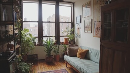 Cozy living room filled with plants next to a window