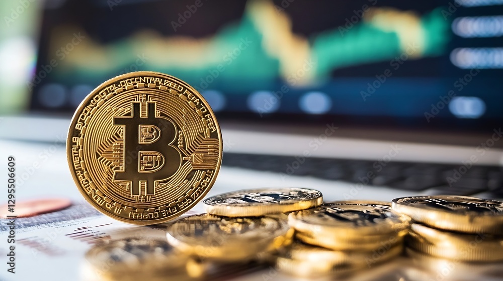 Poster shiny golden bitcoin coin placed against a backdrop of cryptocurrency trading data and financial gro