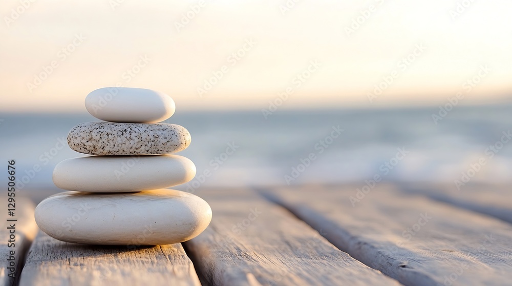 Poster Stack of Smooth Stones on a Wooden Surface Overlooking Soft Ocean Waves in Calm Setting : Generative AI