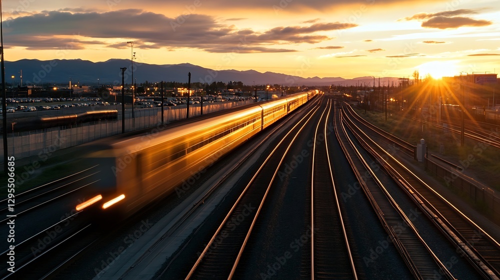Poster a fastmoving train captured in motion on tracks during a stunning sunset in the background : generat