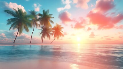 Fototapeta na wymiar Palm Trees Stand On The Beach With Sunset Over The Ocean