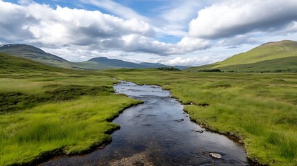 Idyllic countryside scene featuring a winding river surrounded by lush green fields : Generative AI
