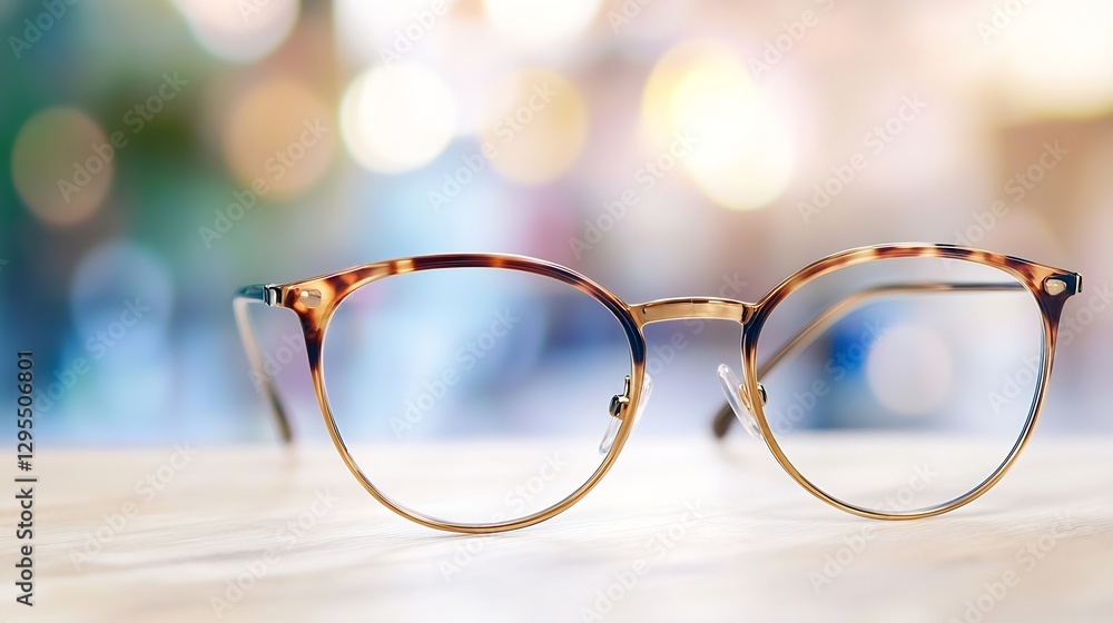 Aufkleber stylish round eyeglasses on table with blurred background : generative ai