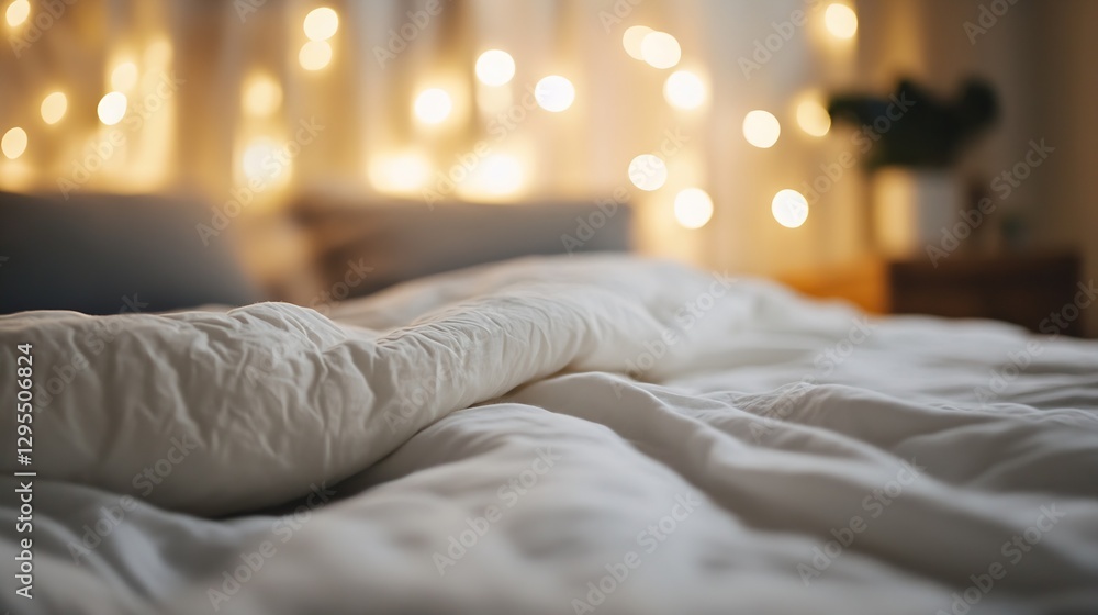 Poster Cozy inviting bed with soft bedding and warm lights creating a dreamy peaceful space for relaxation : Generative AI