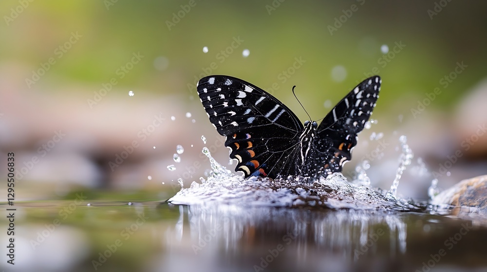 Poster vibrant black and orange butterfly splashing water in a serene natural environment creating ripples 