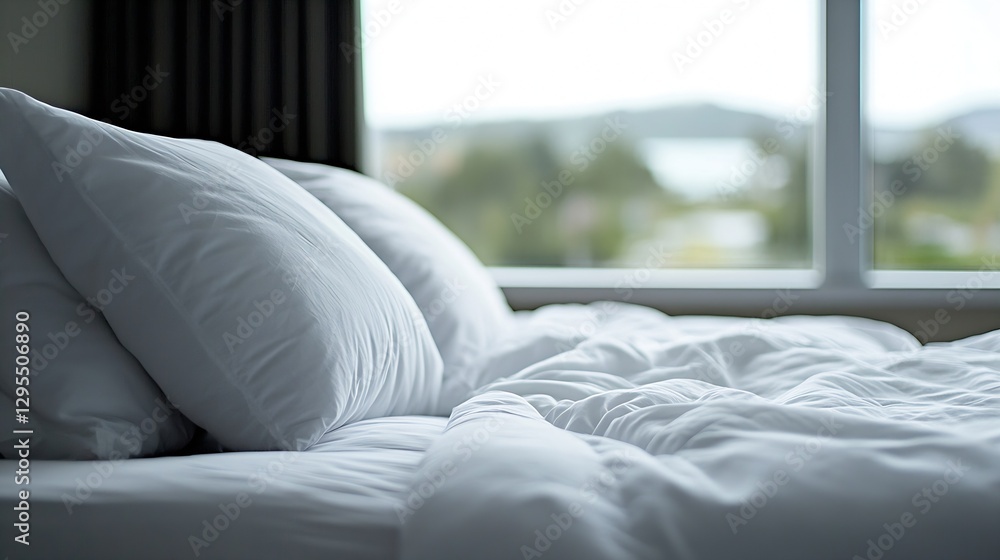 Poster cozy and inviting bed with soft pillows and natural light from window : generative ai